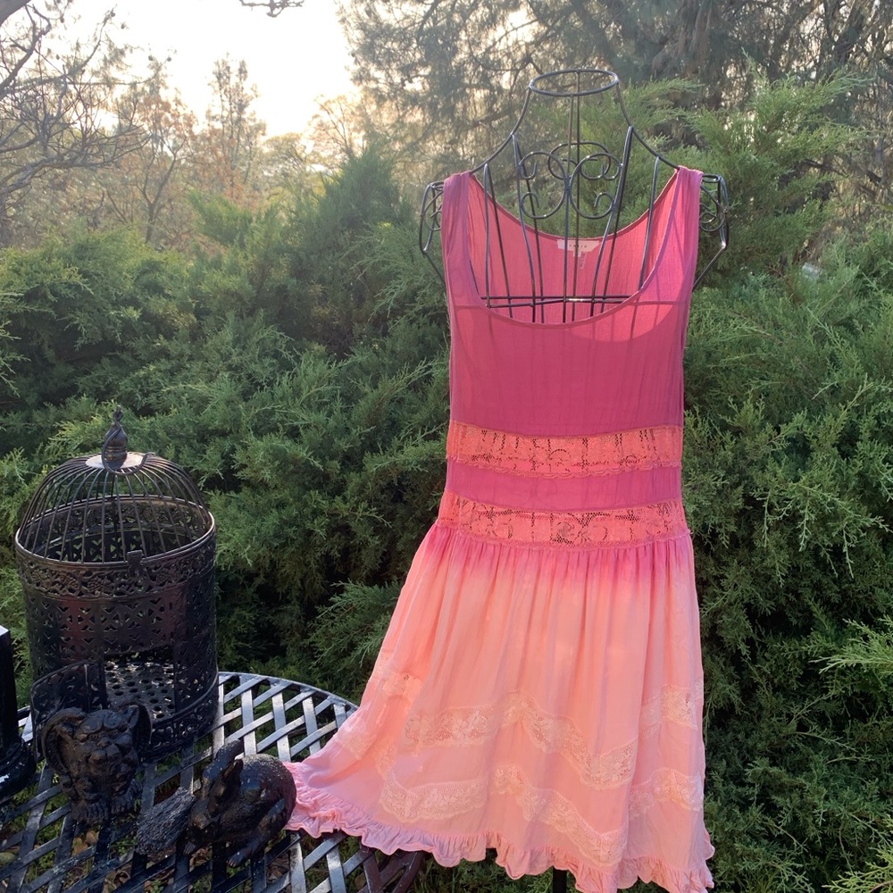 Entro  shades of pink  gauze Mini  sunny days DressHP25 floral lace edge - Picture 9 of 15
